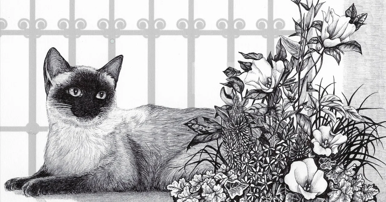 絵画 。原画☆【美しい花畑にきれいな花を植えたかわいいシャム 絵画 。原画☆【美しい花畑にきれいな花を植えたかわいいシャム