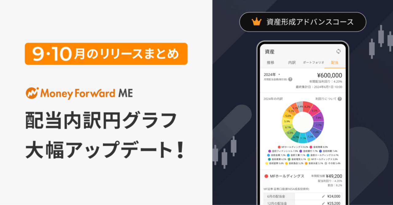 2024年9月・10月のリリース内容を公開🎉配当内訳円グラフを大幅アップデート！｜マネーフォワード ME公式note