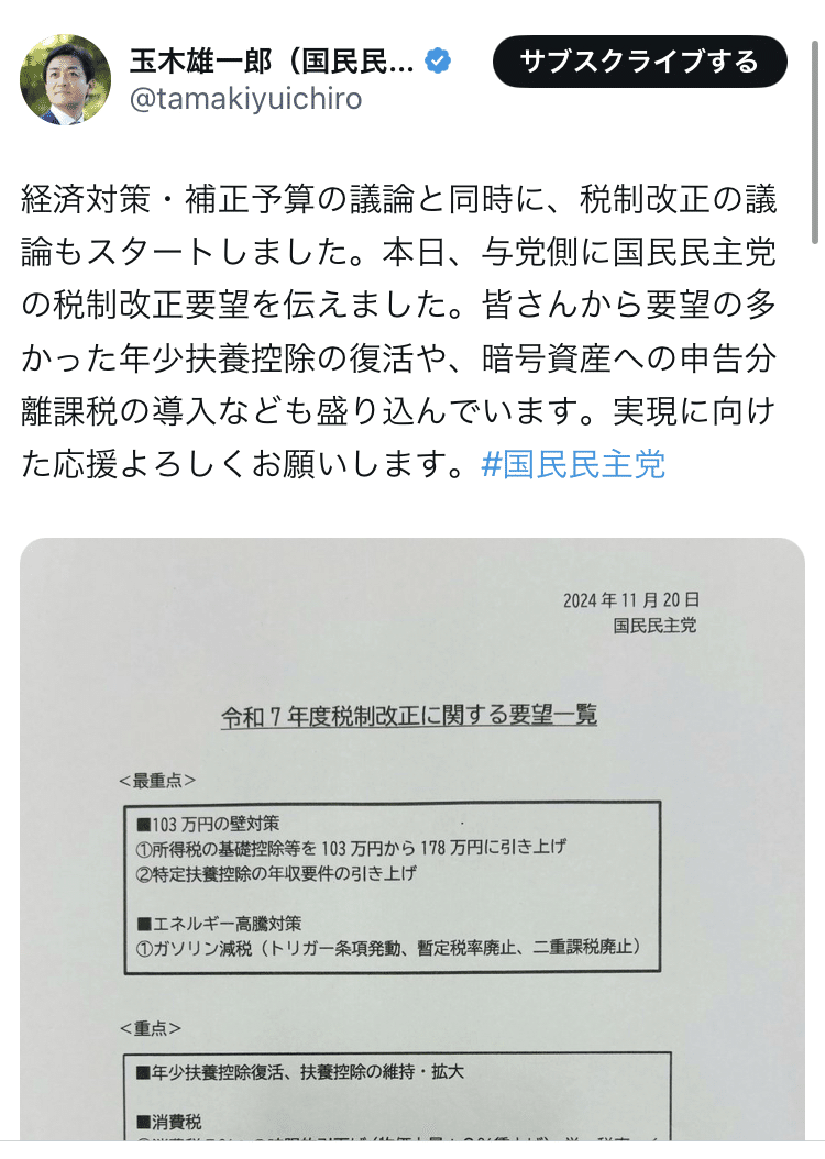 国民民主党の玉木雄一郎代表は、仮想通貨の税制改正を提案｜a
