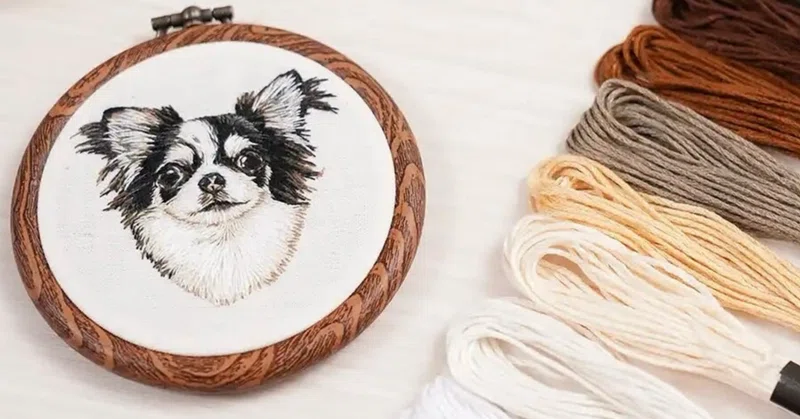 手刺繍 付け下げ けちっ 犬 動物 正絹 躾糸付き クリームイエロー系