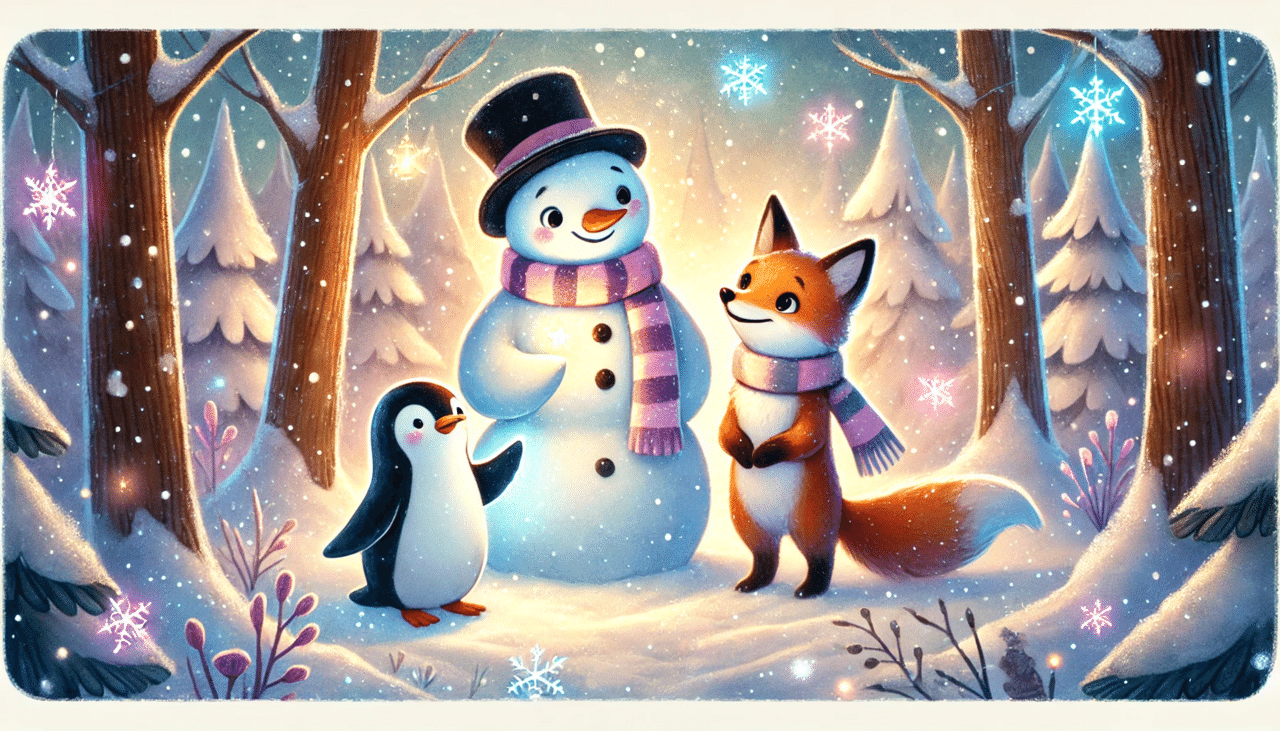 落ちてきたプレゼントと見守る雪だるまトナカイさんシーグラスアート クリスマス サンタさんを救え！小さな雪だるまの冒険⛄️AIが描く絵本｜もる