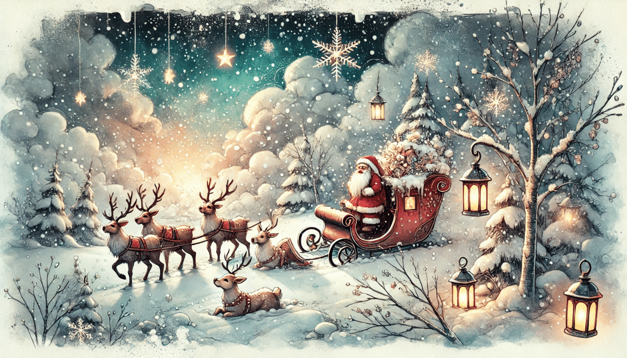 落ちてきたプレゼントと見守る雪だるまトナカイさんシーグラスアート クリスマス サンタさんを救え！小さな雪だるまの冒険⛄️AIが描く絵本｜もる