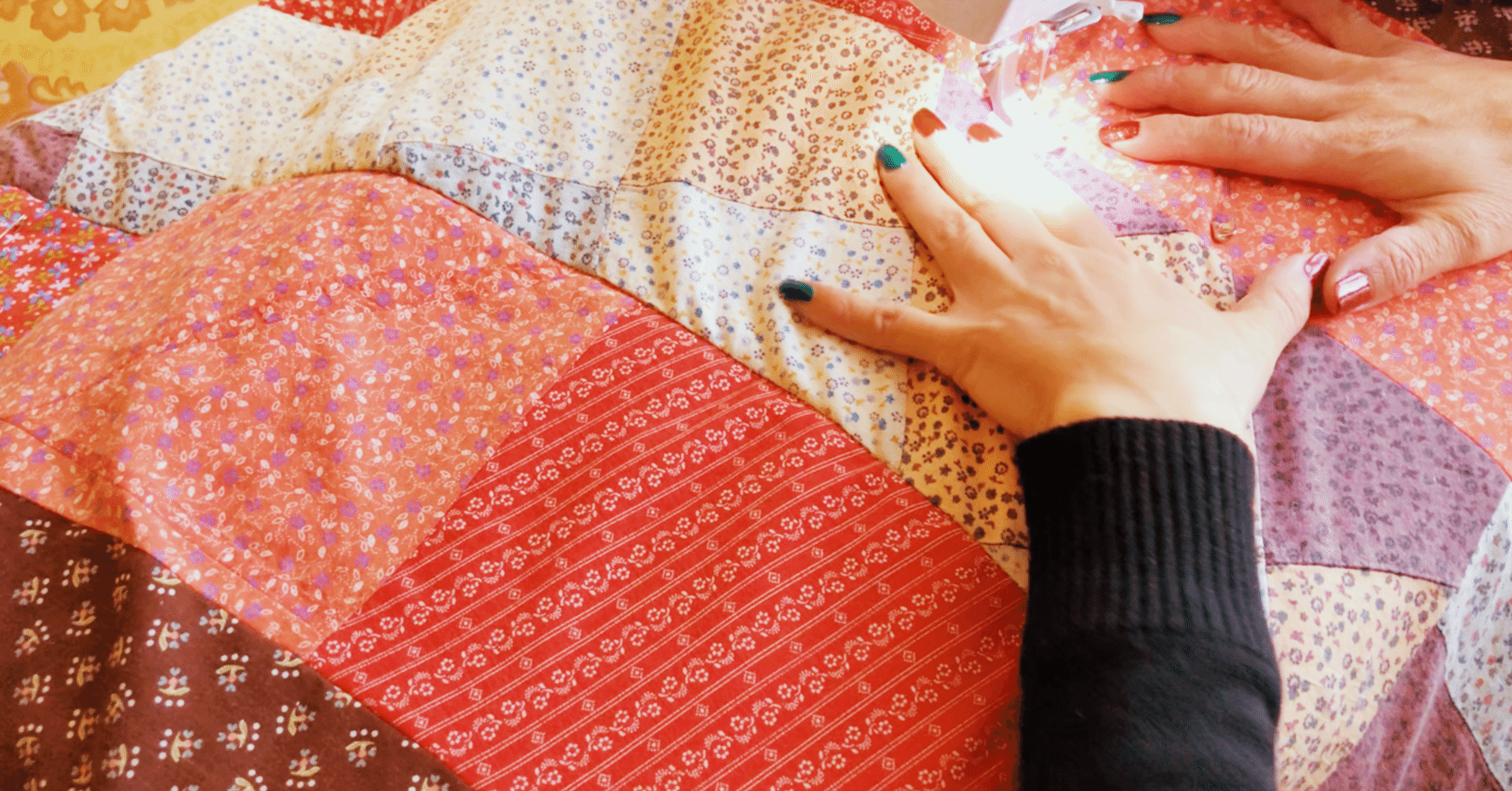 パッチワークで暖かなキルティング巻きスカート｜エスカルゴスカート