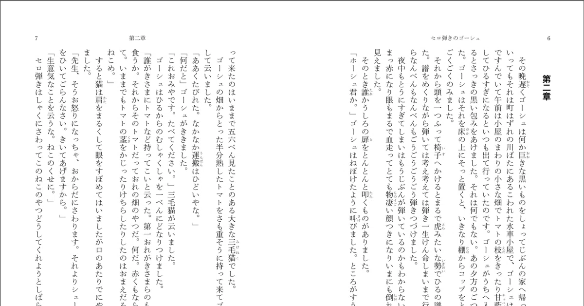 縦書き小説を本のページとして組んだ例。本文、章見出し、柱、ページ番号が整えられている。