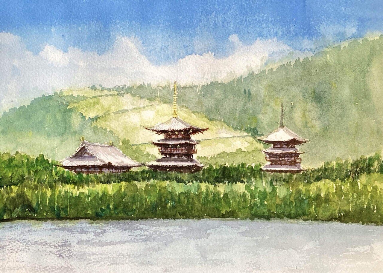『1年保証』 趣味は水彩5色描き(65)薬師寺、遠くに臨むは若草山｜tatatotoya 絵画