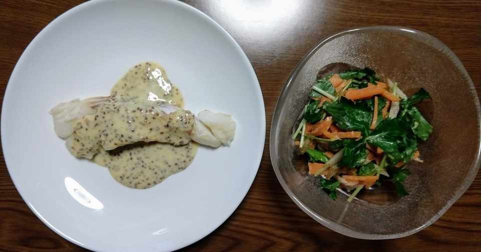 鱈のマスタードクリームソース ごぼうとにんじんと三つ葉のごまだれ和え Koji Harada Note