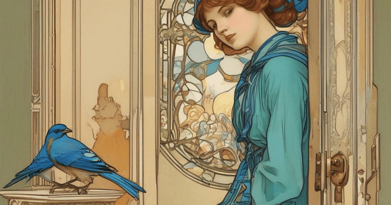射手座24度｜家のドアにとまっている青い鳥。｜Astrologist Mucha