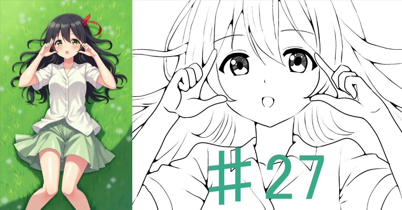 ♯27 草原に寝転ぶ女の子の絵｜にゃおりん｜線画イラスト練習中