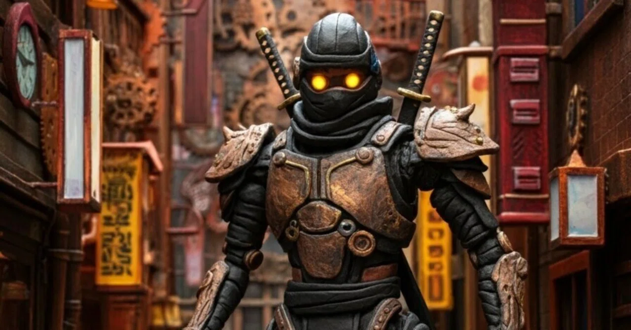 忍者型ロボット de 紙粘土、スチームパンク街 @Copilot & ImageFX＋