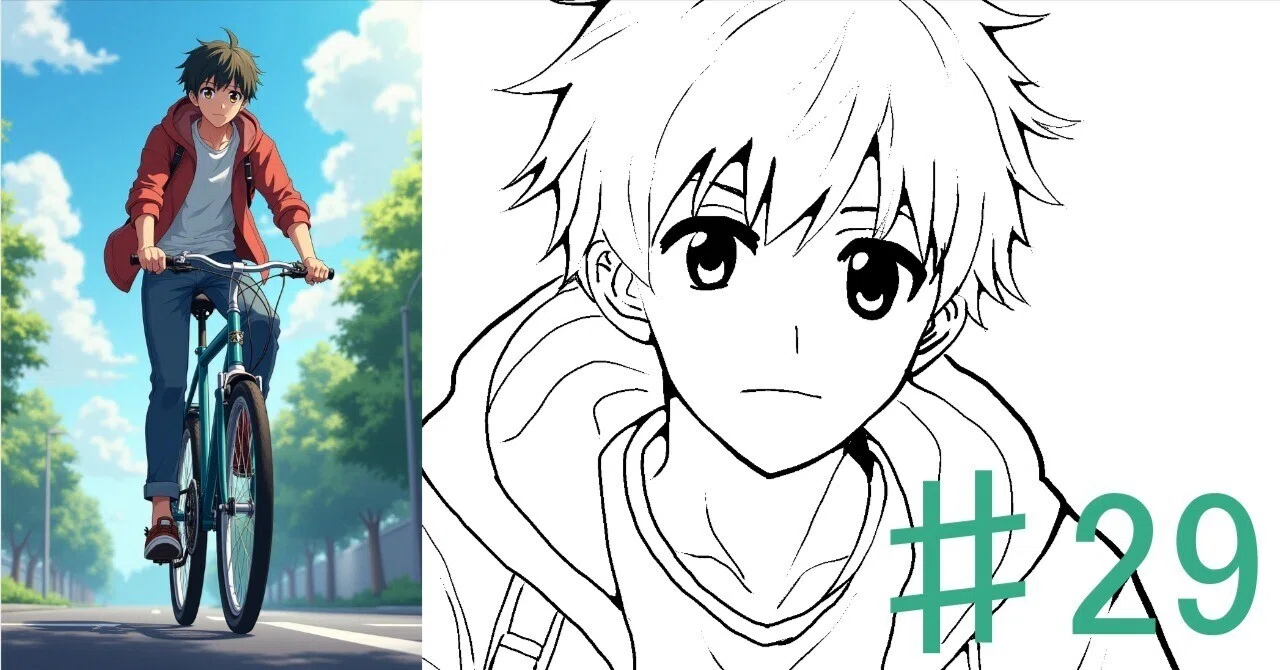 ♯29 自転車に乗る男の子の絵｜にゃおりん｜線画イラスト練習中