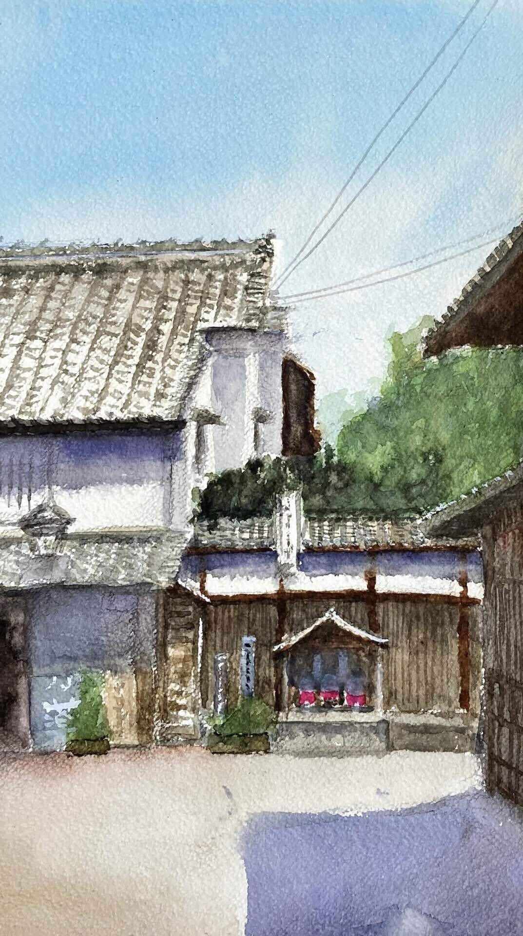 水彩(69)三原色＋白黒の五色描き：奈良町｜tatatotoya