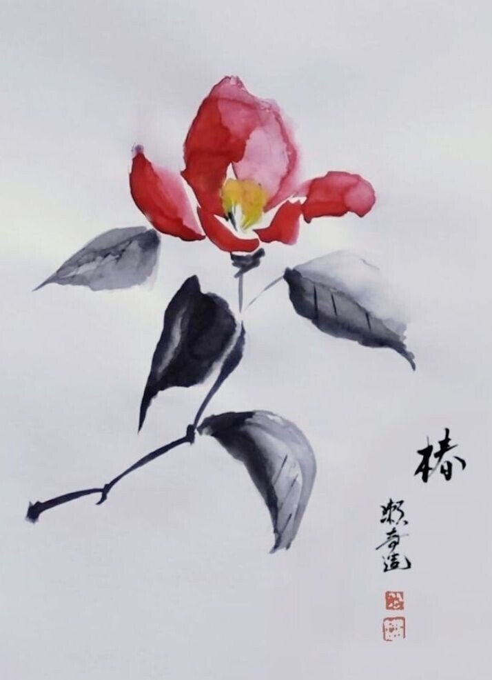 水彩画「椿」 20分・初心者向け透明水彩] 椿 Camellia