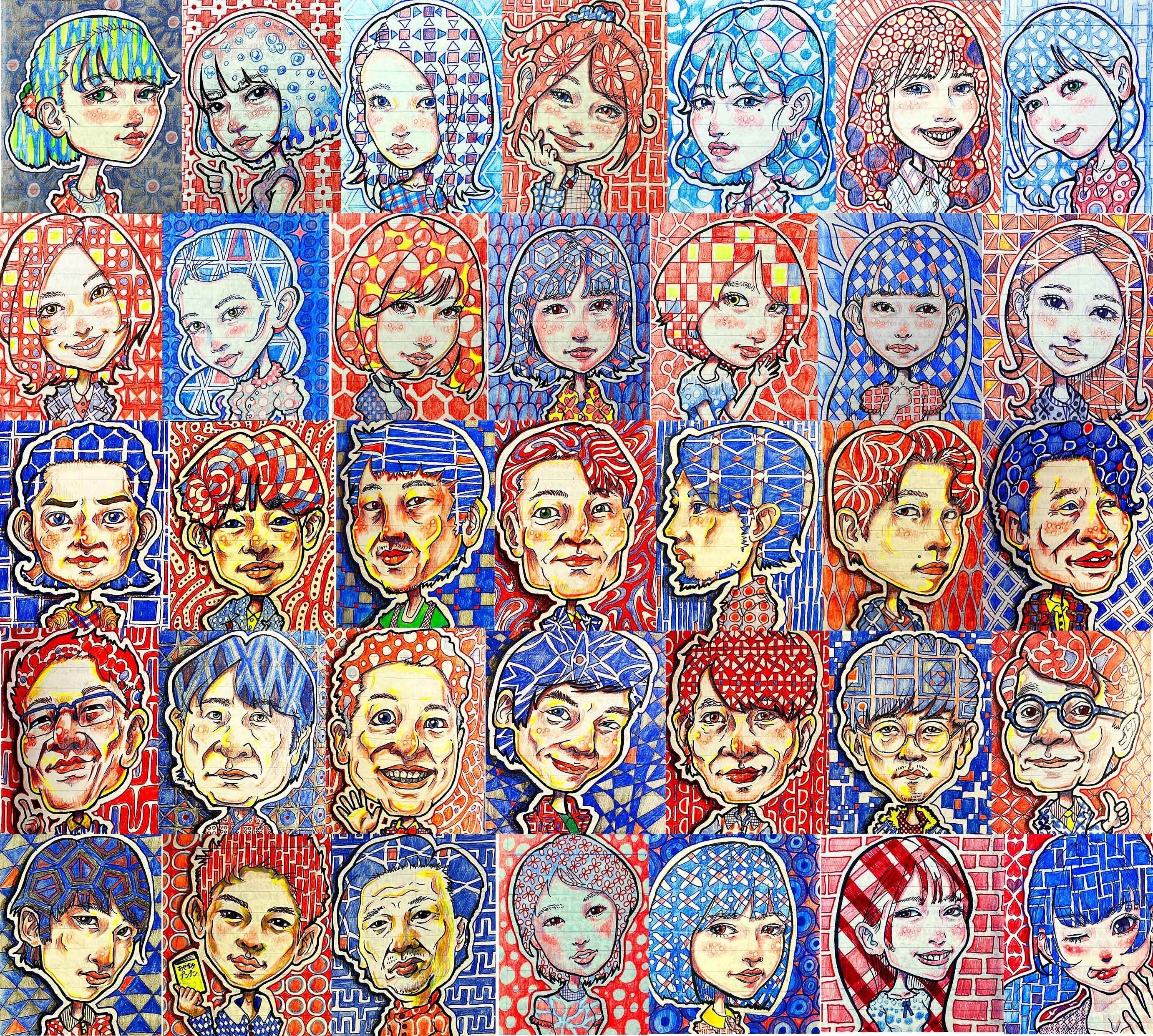 似顔絵イラストをPCで編集して並べてみたら迫力あった。 黒赤青黄の4色