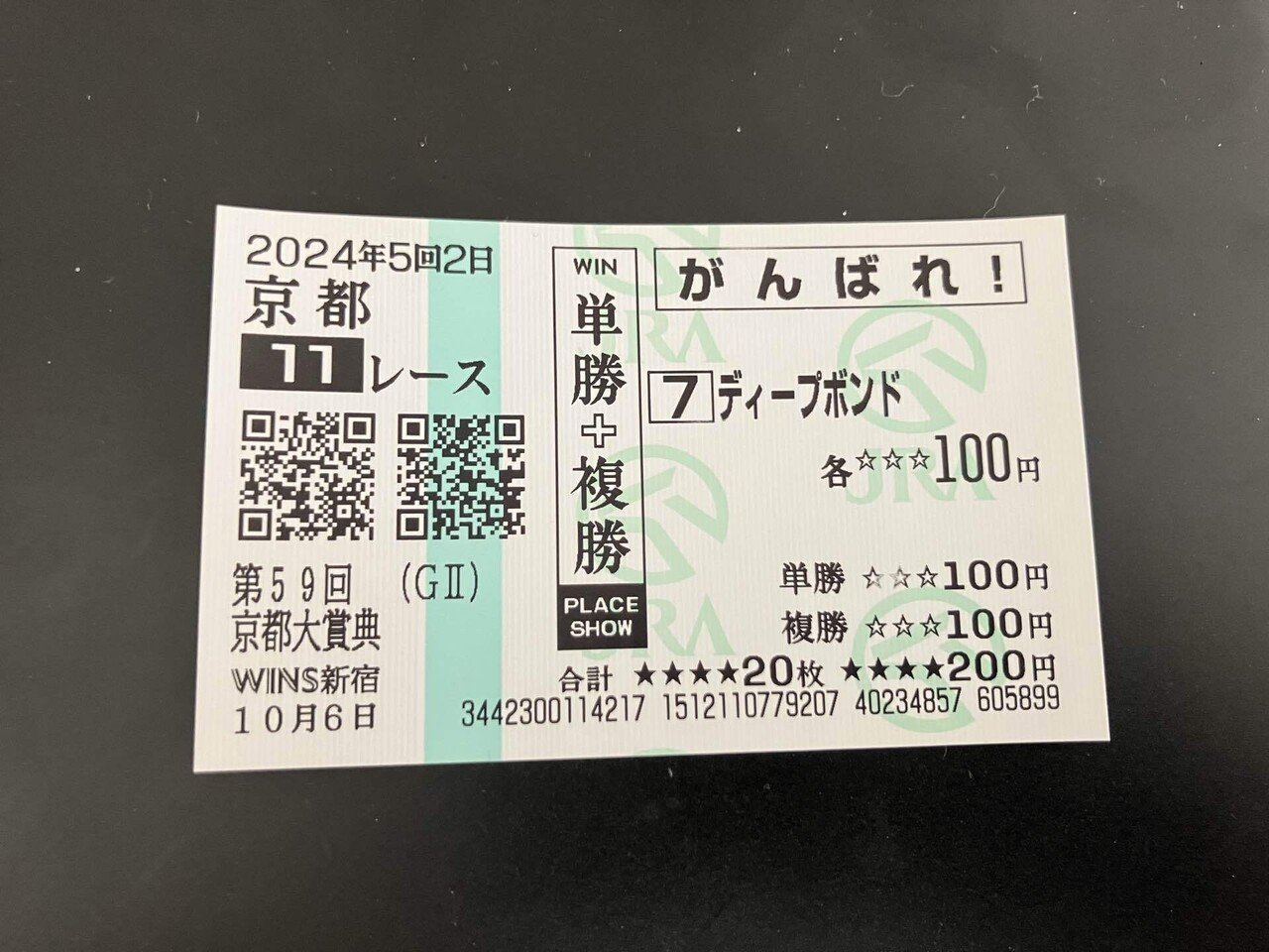 ショウナンパンドラ 現地的中単勝馬券 ショウナンパンドラ 現地的中