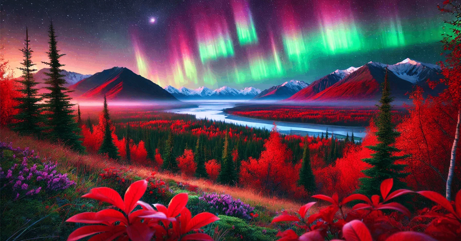 アラスカのデナリにかかる赤いオーロラの幻想絵画 アラスカの紅葉とオーロラをみたい｜hirootani