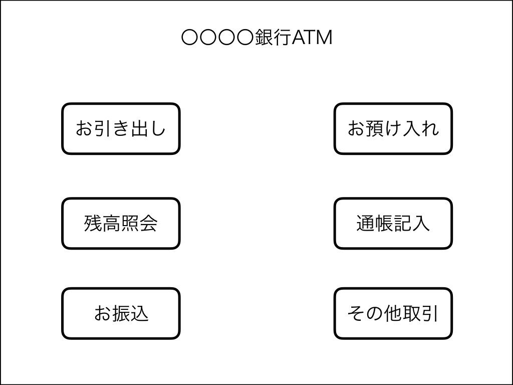 ATMの操作画面でお引き出しやお預け入れボタンが並んでいる