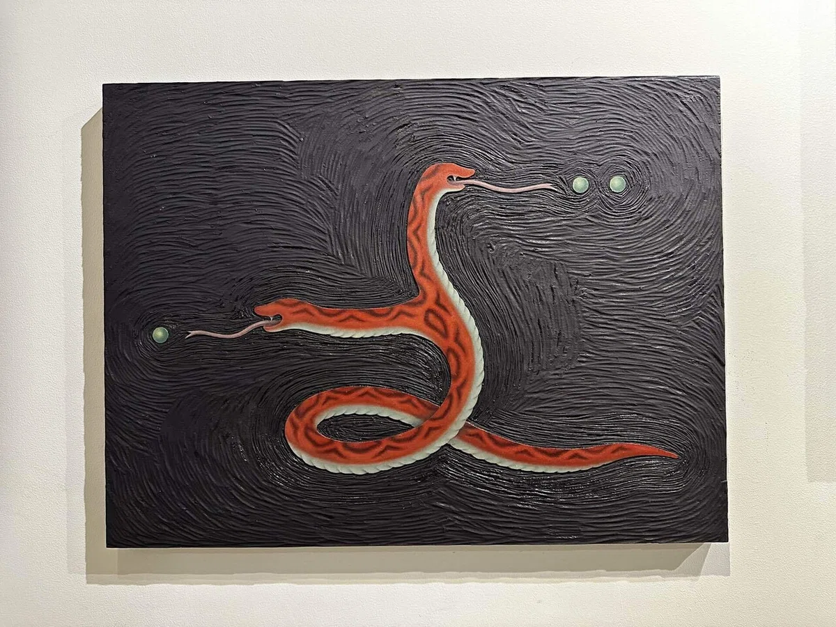 ほっこり 絵画 陥る 。年賀状 蛇 へびは毛糸でくるめば、かわいいかしら？