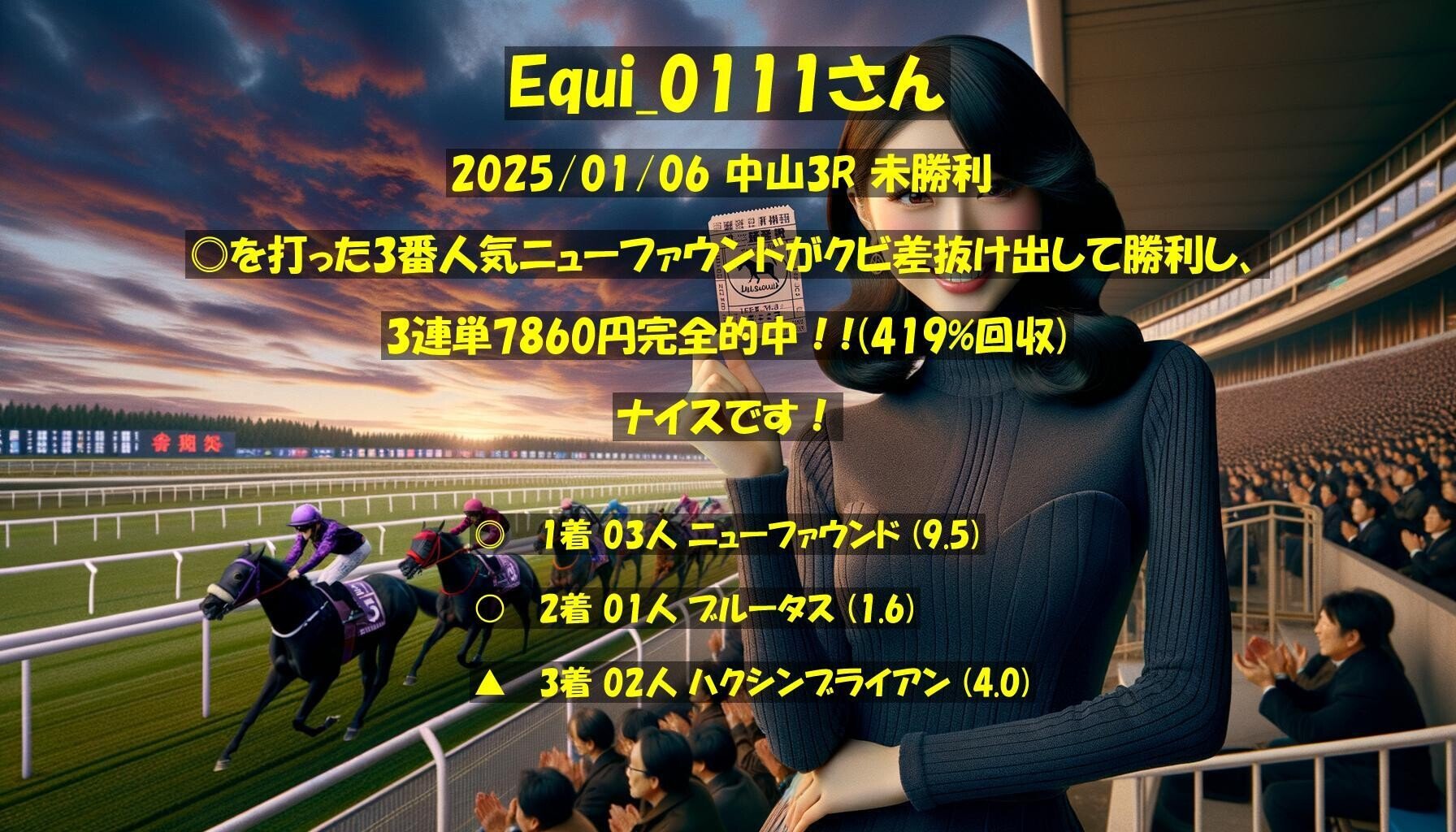 🎯Equi_0111さん🎯 、中山3R 未勝利 、3連単7860円完全的中！!(419%回収)ナイスです👏｜POG-INFO