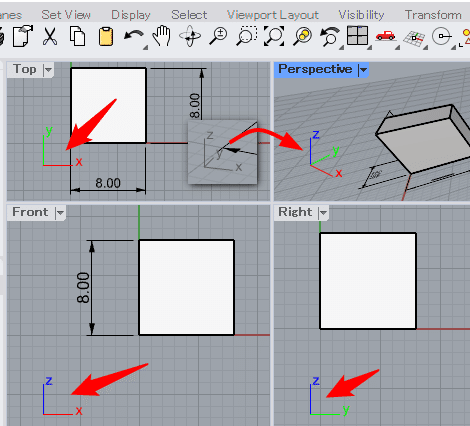 Rhino 3D学習7日目。今日は90分しか学習できず。ライノ 3Dの3面図は