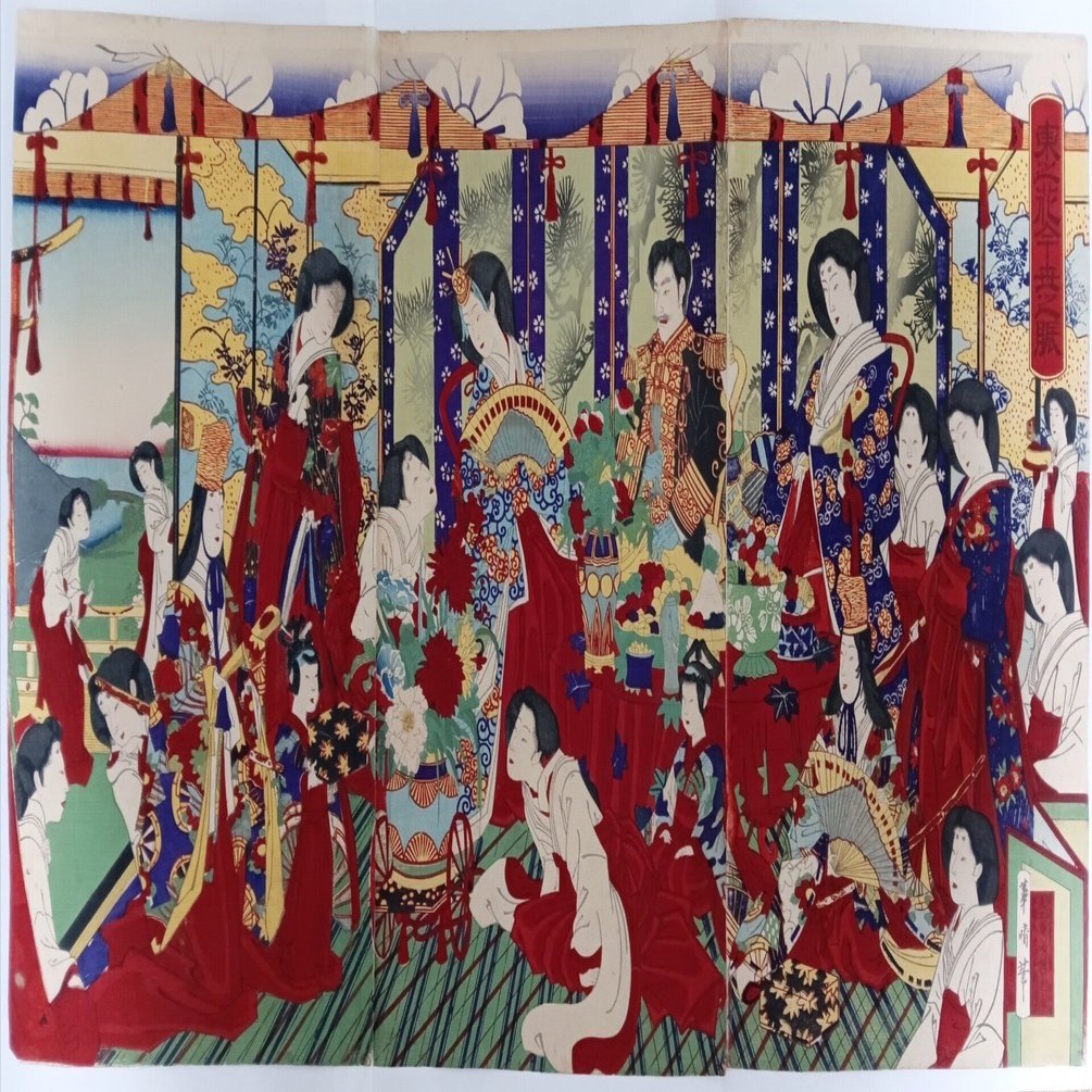 浮世絵　錦絵　佳人音曲之図　月岡芳年　大蘇芳年　絵画　額装 月岡芳年による浮世絵「「新形三十六怪撰」 「二十四孝狐火之図」」