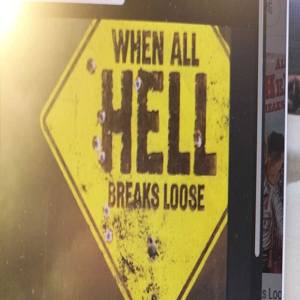 All hell breaks loose/breaks out.