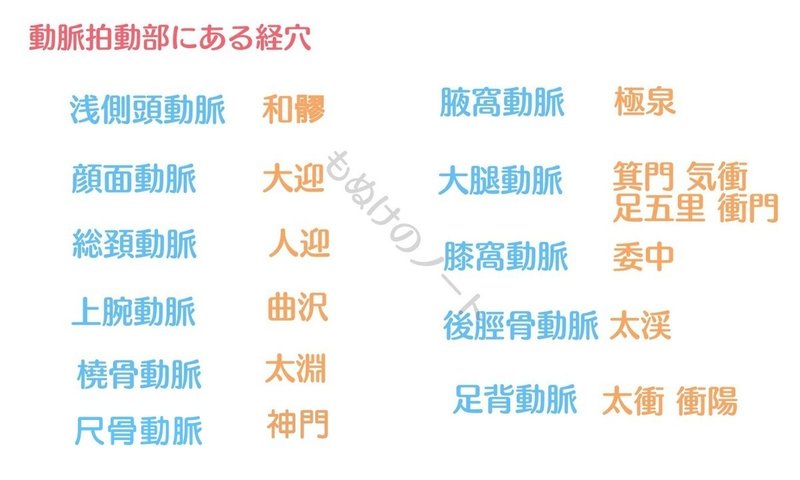 解剖学 経絡経穴 図解 イラスト とゴロで簡単 動脈拍動部とその経穴 の覚え方 森元塾 国家試験対策 Note