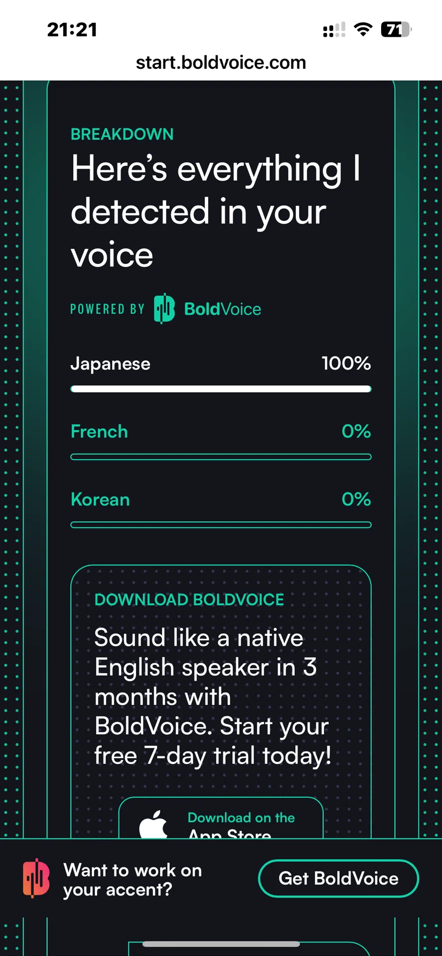 英語発音のアクセントを評価するサイト。私は100% Japaneseでした