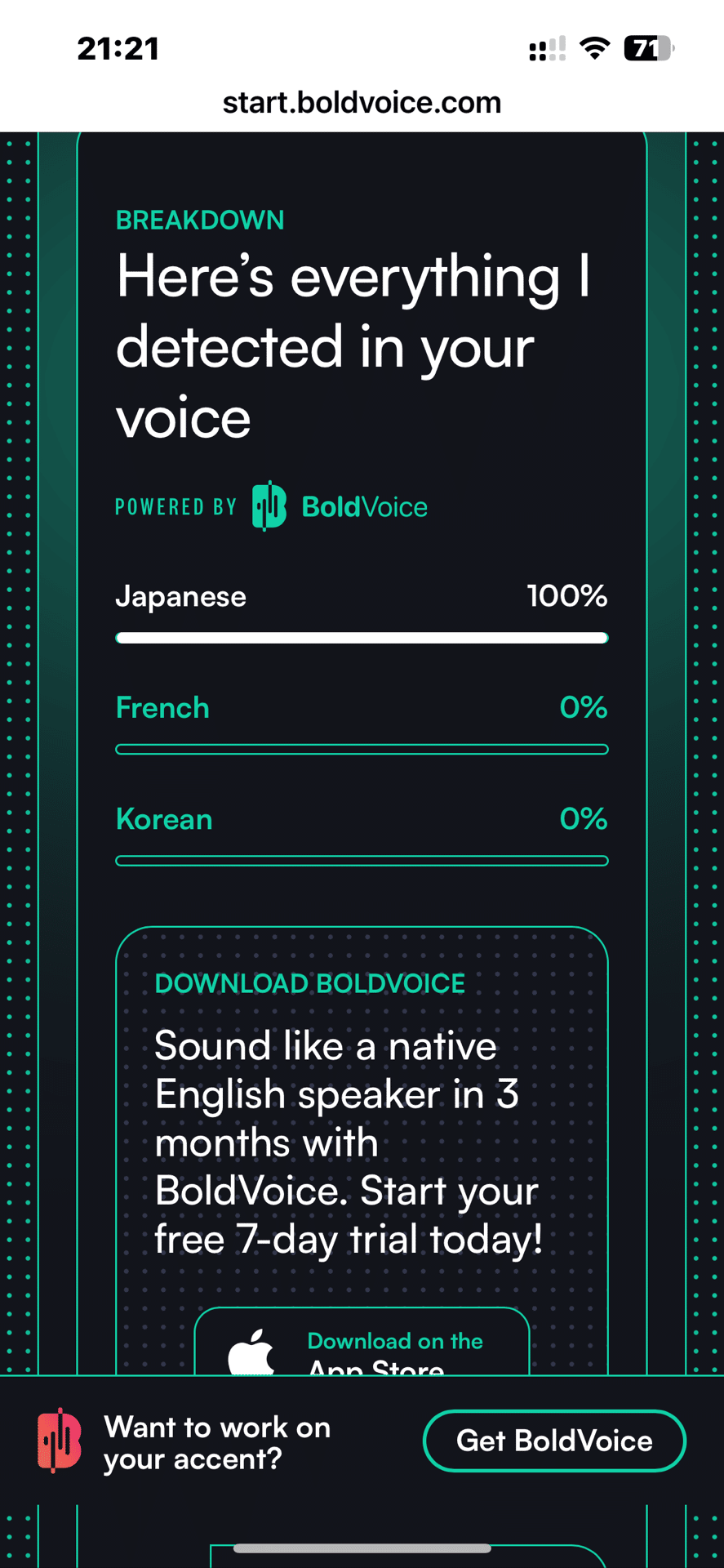 英語発音のアクセントを評価するサイト。私は100% Japaneseでした