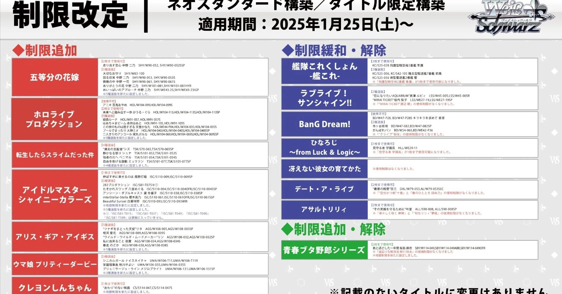 ヴァイスシュヴァルツ 2025年度前期制限について思ったこと｜カネ