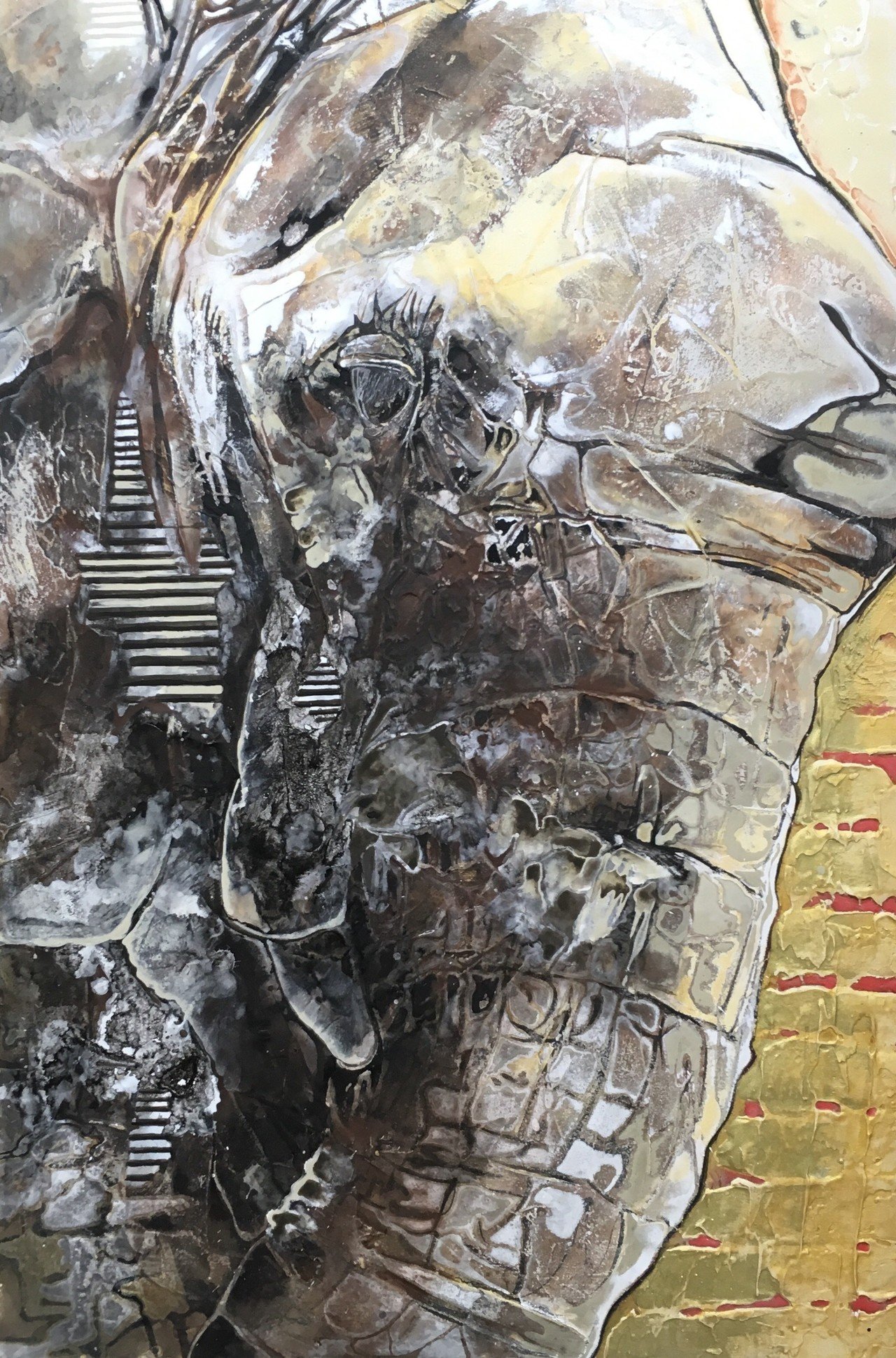 日本画 人物画 経年劣化 金色フレーム Vintageガラス絵・真鍮フレーム