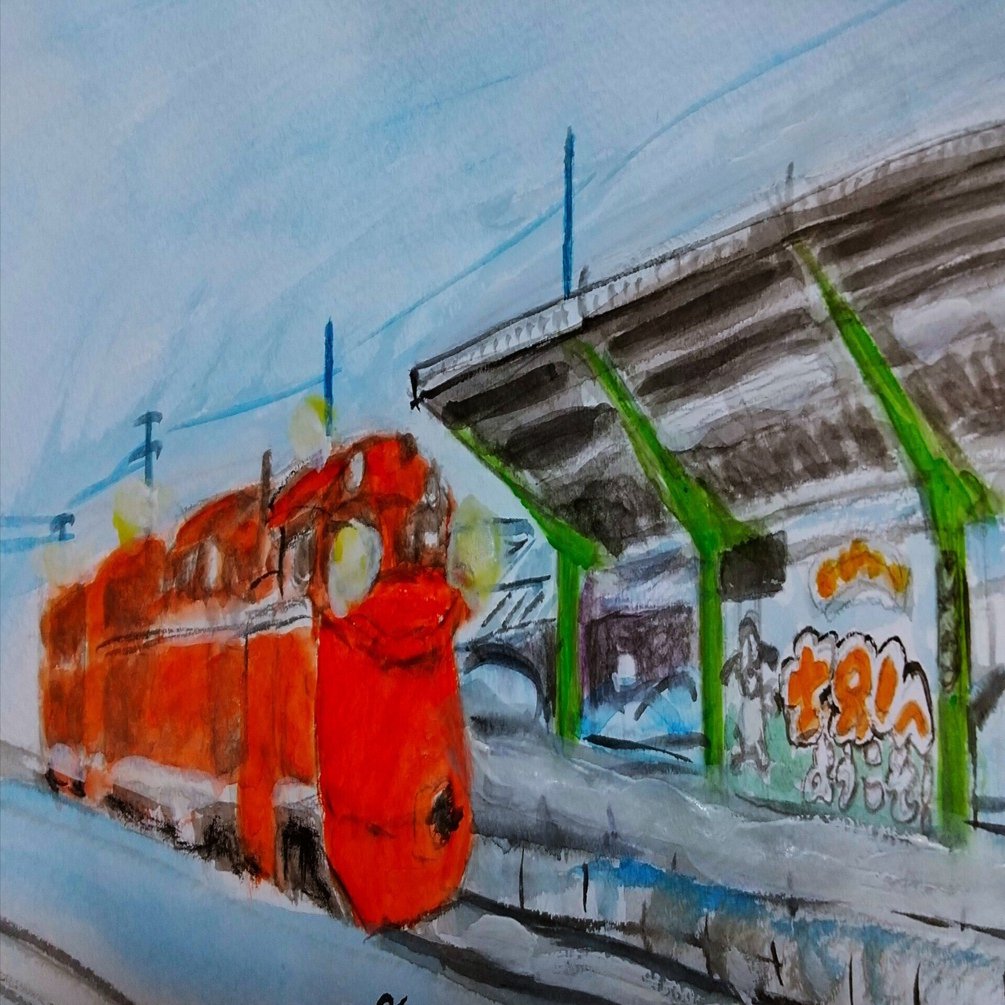 風景 水彩画 赤い車 ラッセル車(士別市)｜北海道の熊おやじ〜北海道の179市町村の歴史と