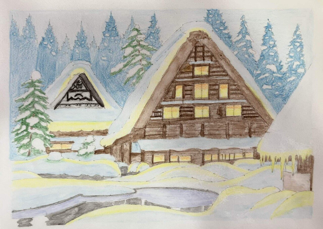 パステル画（原画）白川郷。 パステル画（原画）白川郷。 パステル画（原画）白川郷。 絵画