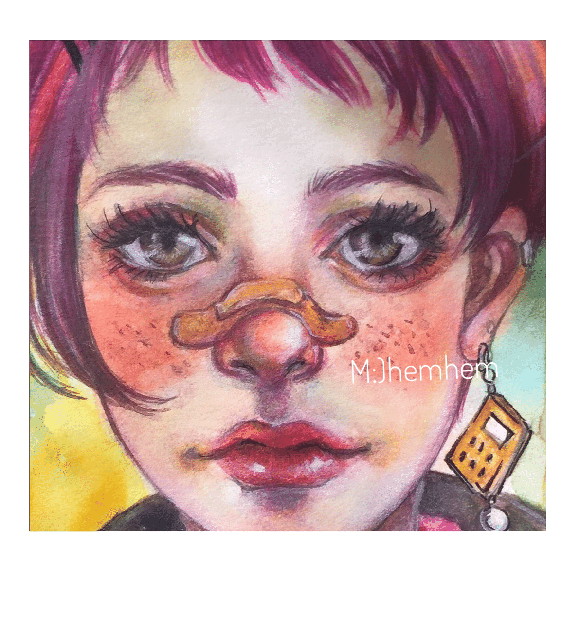 オリジナルイラスト 水彩画 Pink Hair Girl Miminko Hemhemn Note