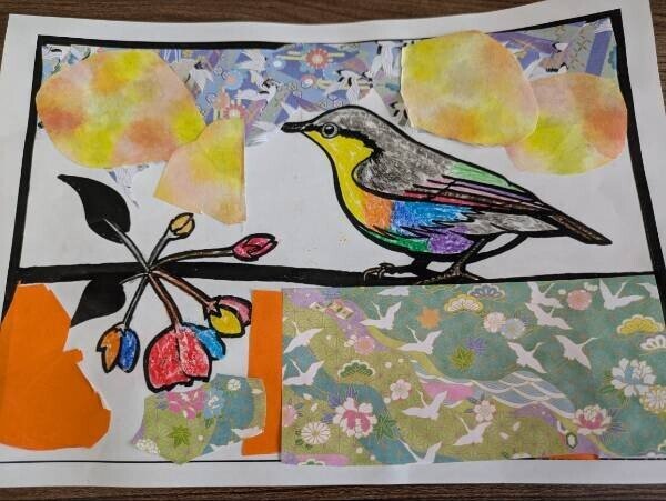 いろんな折り紙を使い、見事な ちぎり絵となりました