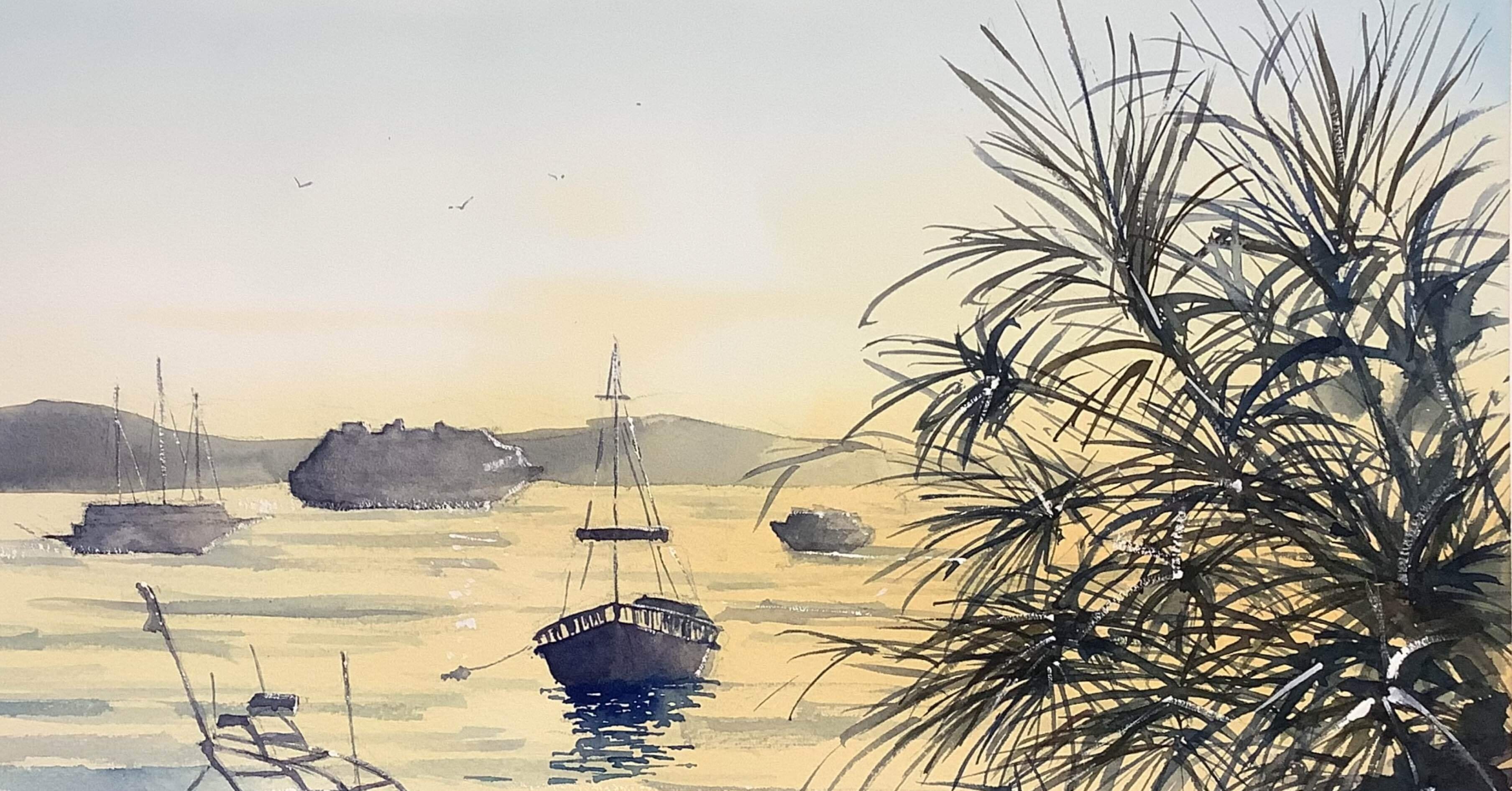 黄昏オレンジの帰り道［ギリシャ サントリーニ島の海］｜m_kino