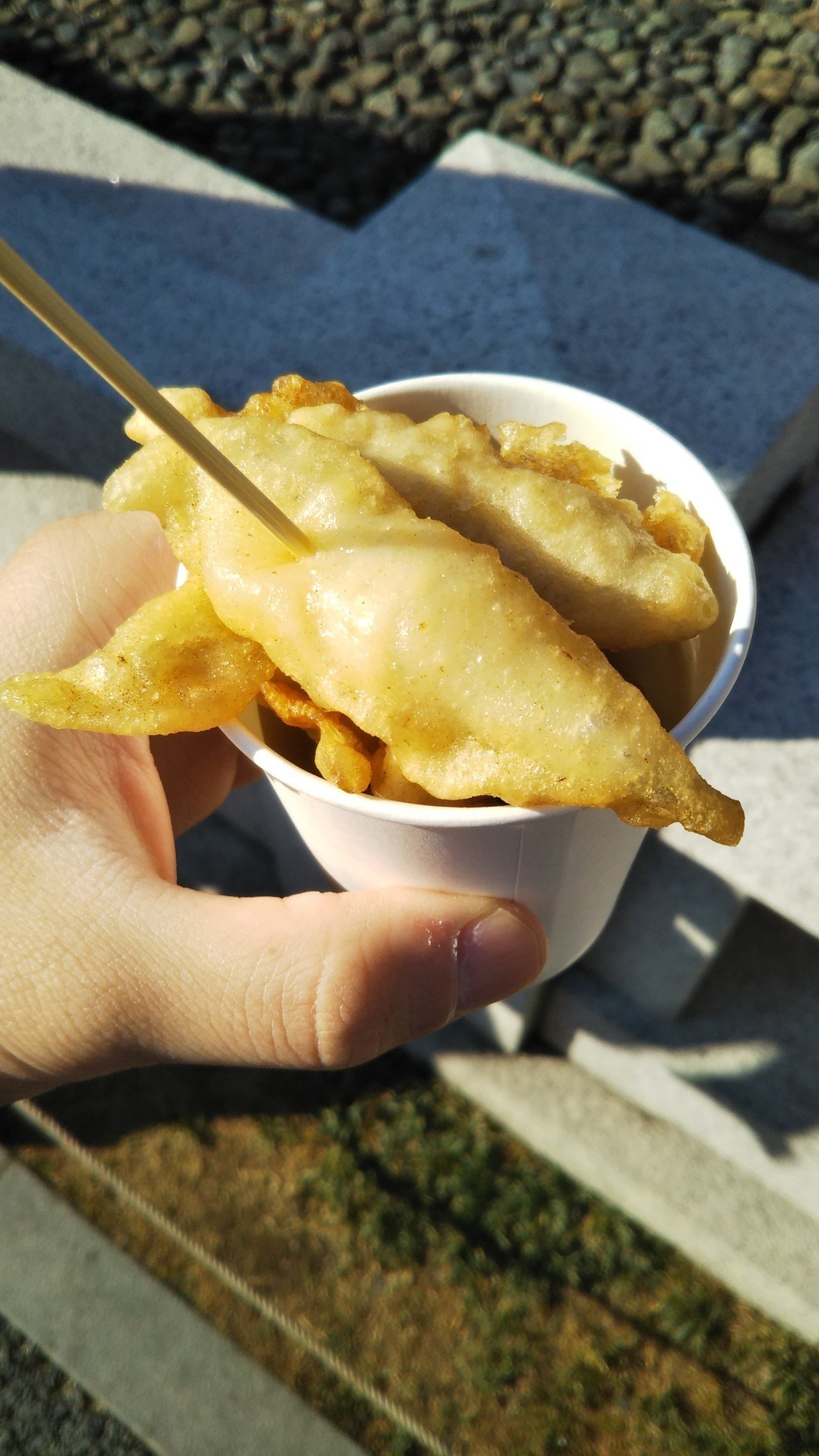 何も食べずに来た 屋台が沢山あるね というわけで ワカサギの天ぷら 塩味がきいてて美味い 中落ちカルベイベ Note
