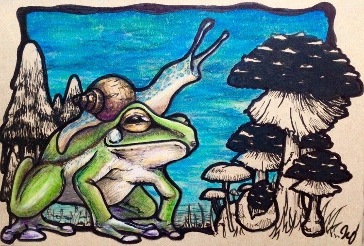 カエルとキノコとカタツムリ

#ペン画 #イラスト #色鉛筆 #カエル #キノコ #カタツムリ