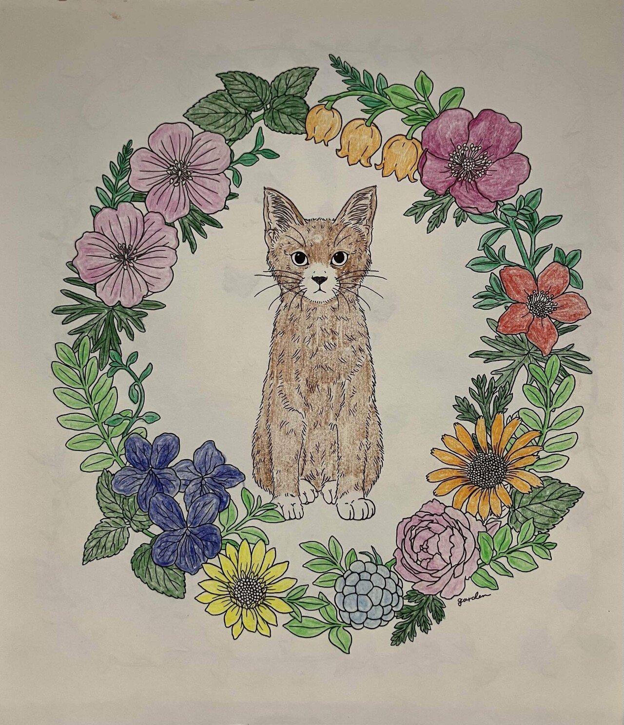 絵画 。手描き【猫たちはテーブルの周りで花瓶の中のきれいな花を見ている】 絵画 。手描き【猫たちはテーブルの周りで花瓶の中のきれいな花を