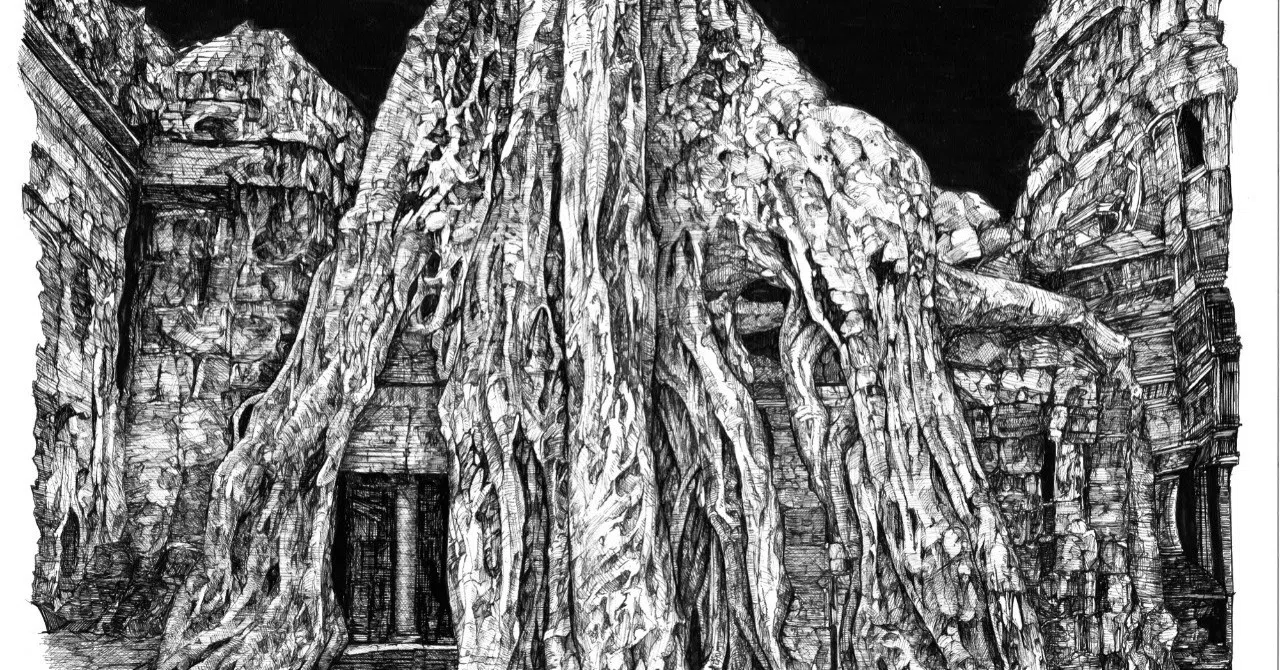 アンコールワット モノクロ アクリル画 アンコールワット アンコールワット モノクロ アクリル画 アンコールワット
