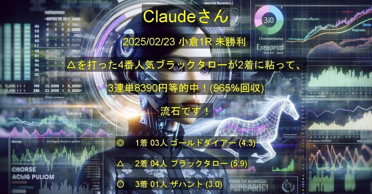 新作揃え 🎯Claudeさん🎯 、小倉1R 未勝利 、3連単8390円等的中！(965 終了したレースの馬券