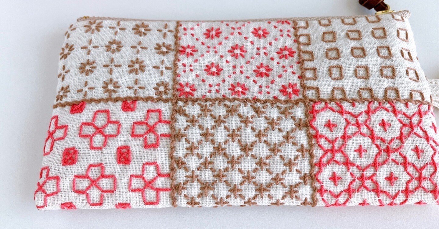 【ハンドメイド】超BIGサイズ　刺し子とパッチワークのフラットポーチ　和柄 ハンドメイド】超BIGサイズ 刺し子とパッチワークのフラットポーチ 和