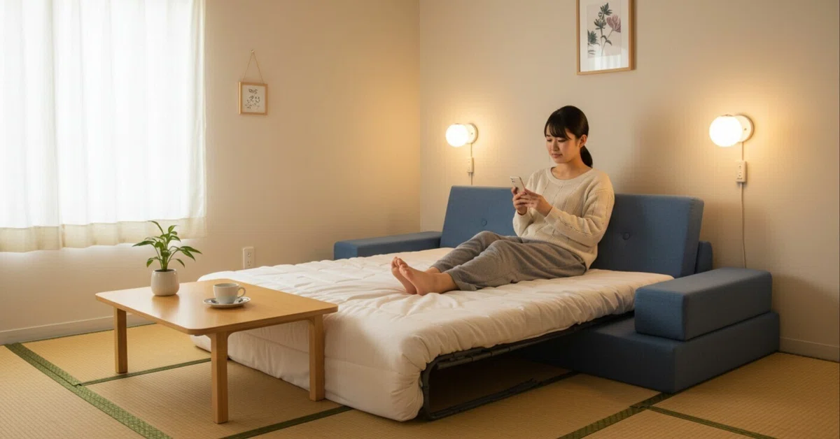 6畳でも諦めない!ベッドをソファ代わりに使って叶えた快適一人暮らし|一人暮らしスキル note