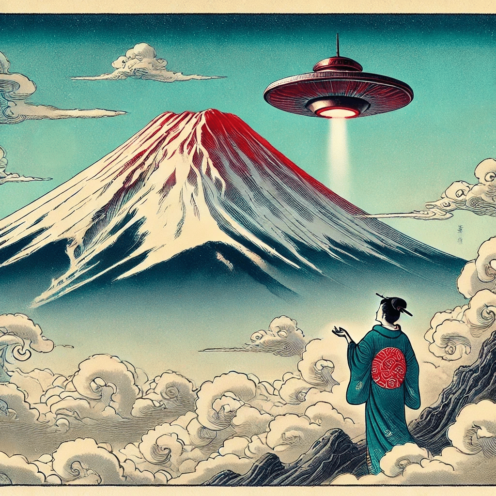 富嶽異世界景『宇宙船飛来之図』。いつの時代も未確認飛行物体は