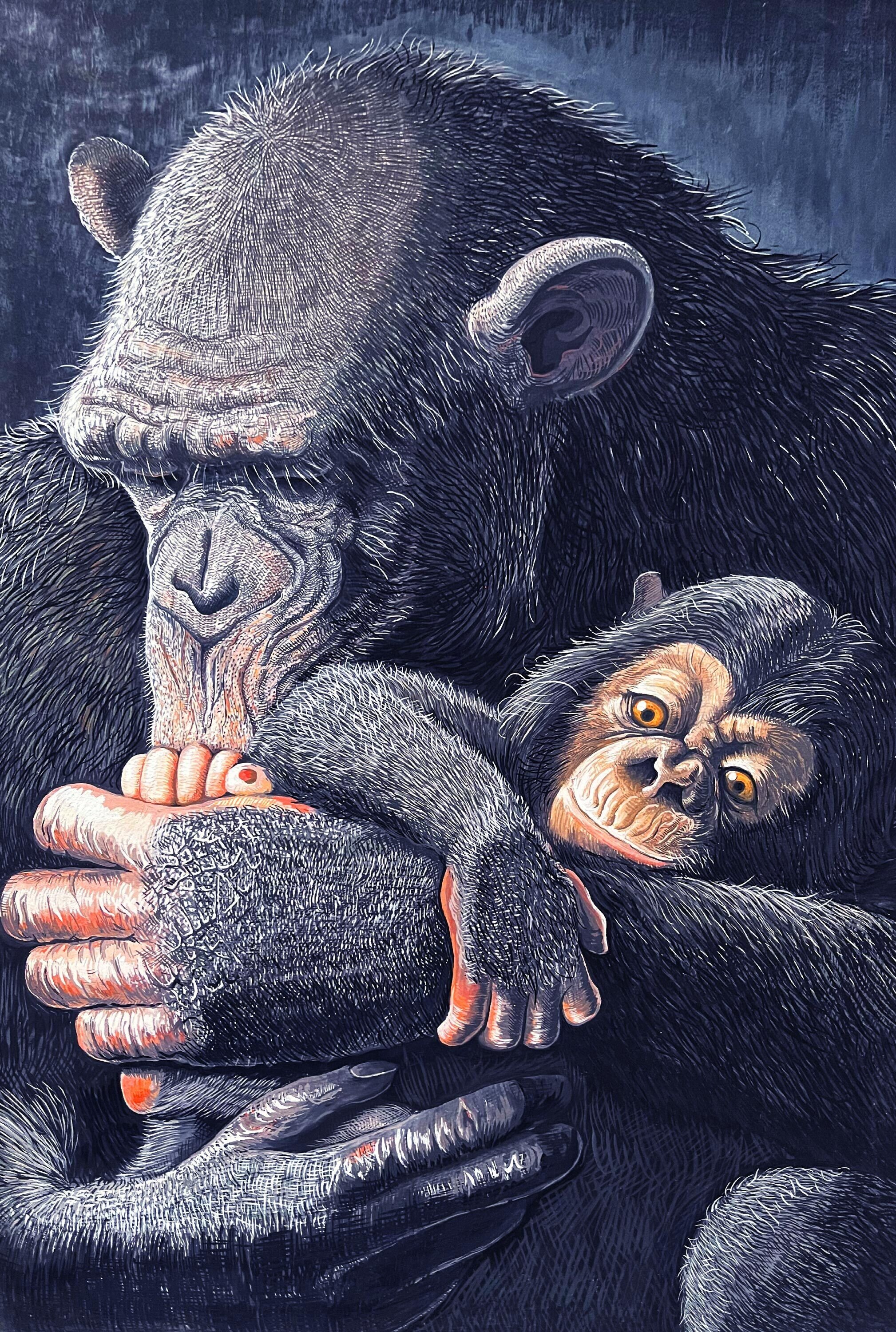 チンパンジーの模写 四つ切画用紙にポスターカラーで描いてます。 最初