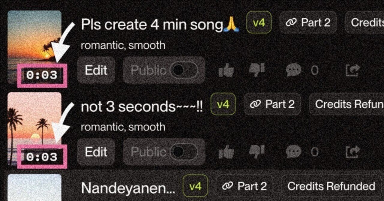 SunoAIで超短い曲が生成された時にクレジットを取り戻す方法
