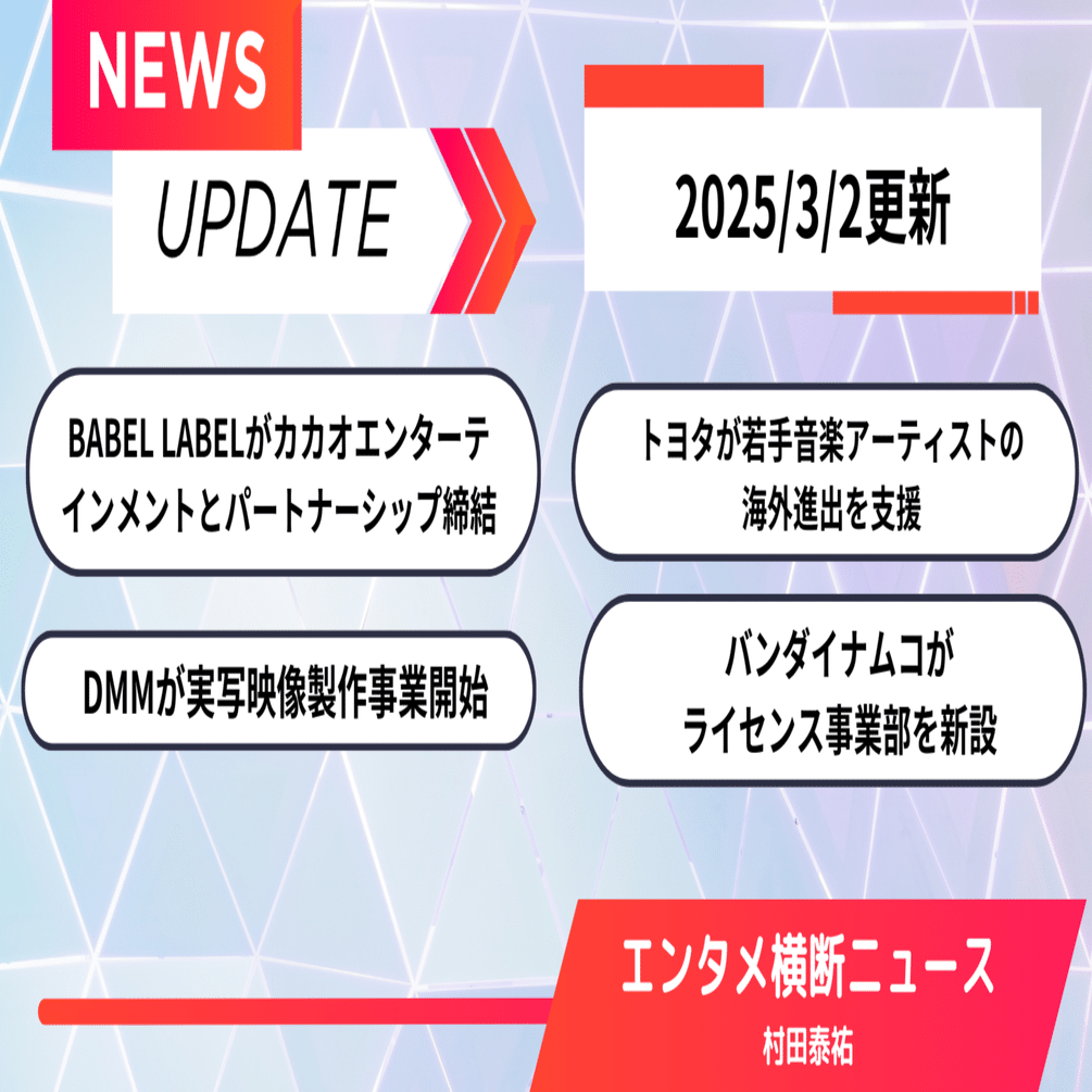 エンタメ横断ニュース】BABEL  LABELがカカオエンターテインメントとパートナーシップ締結、トヨタが若手音楽アーティストの海外進出を支援、DMMが実写映像製作事業開始、バンダイナムコ がライセンス｜村田泰祐