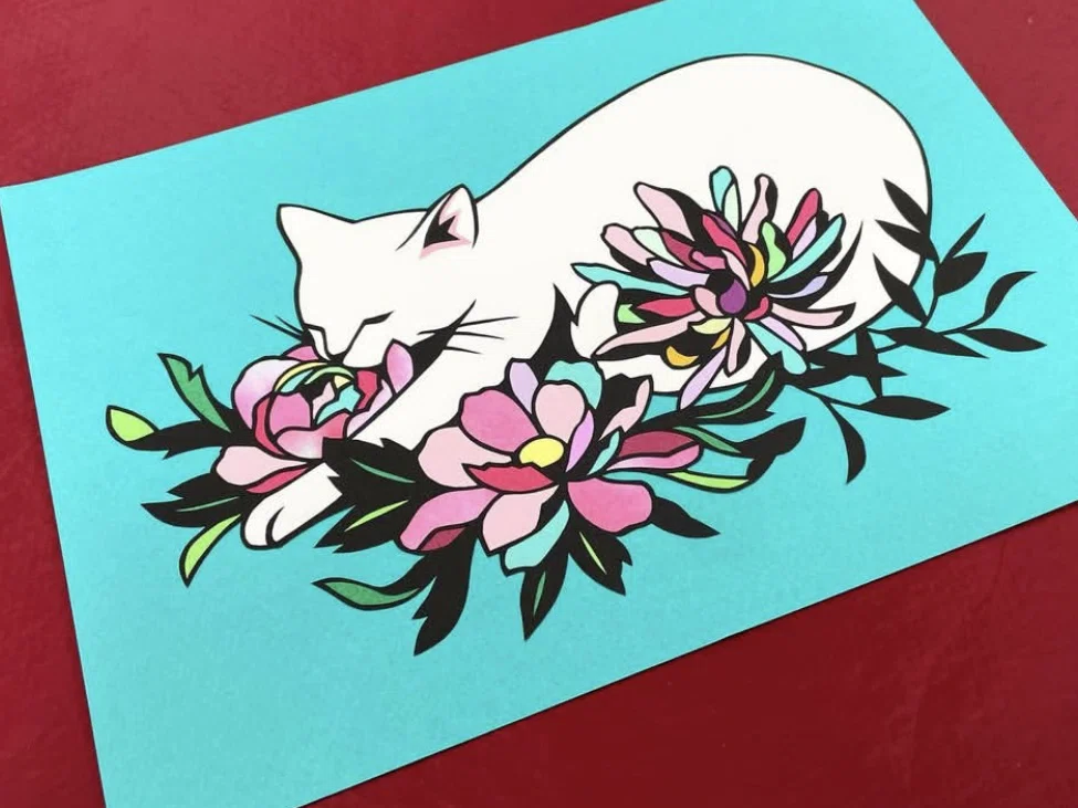 白猫と花【切り絵図案ダウンロード販売】｜切り絵作家 草太