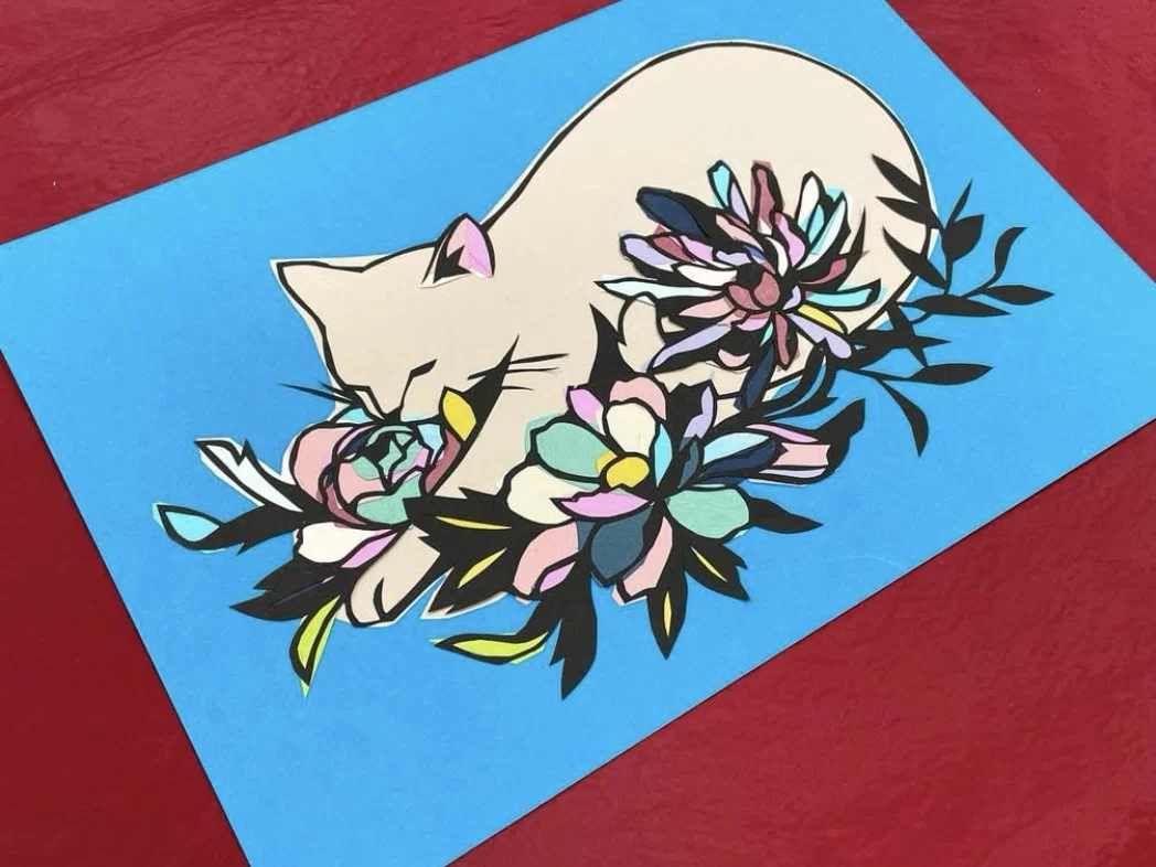 白猫と花【切り絵図案ダウンロード販売】｜切り絵作家 草太