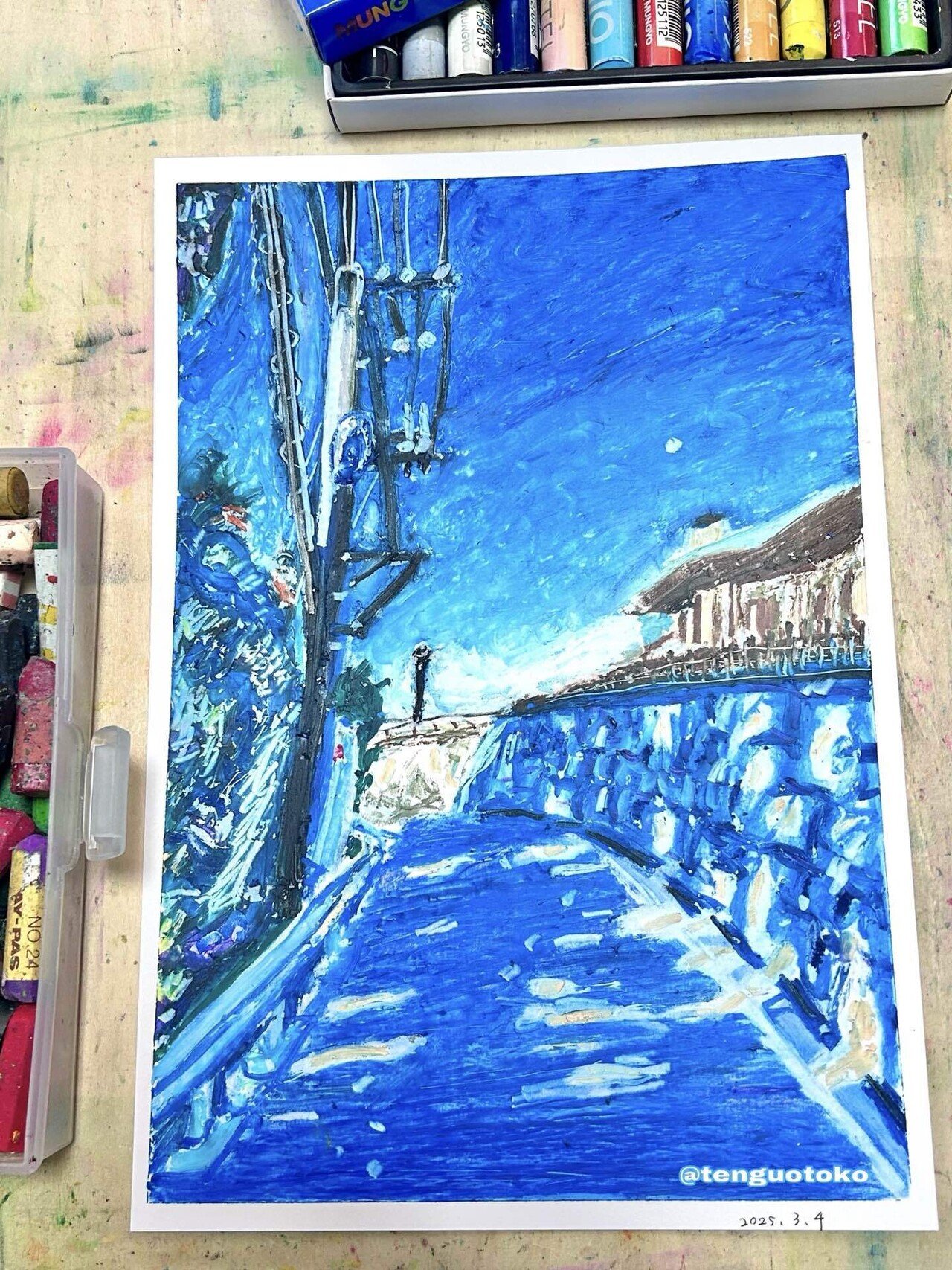 風景画 雪山 オイルパステル さ迷う