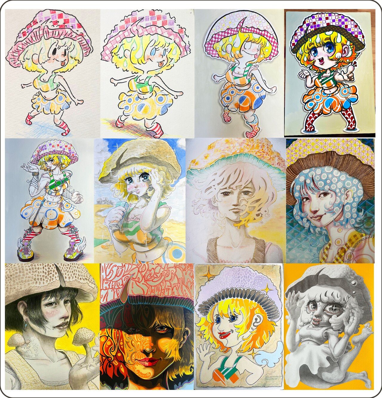 同じオリジナルキャラクターのアナログ（手書き）でのかき分けイラスト